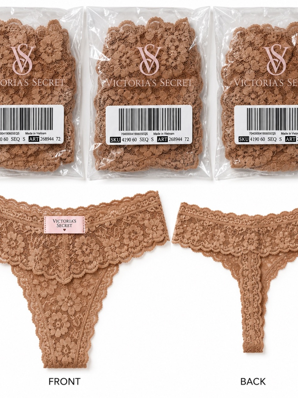 Victoria's Secret Lace Thong - Brown Tan S Lot of 4 NWT